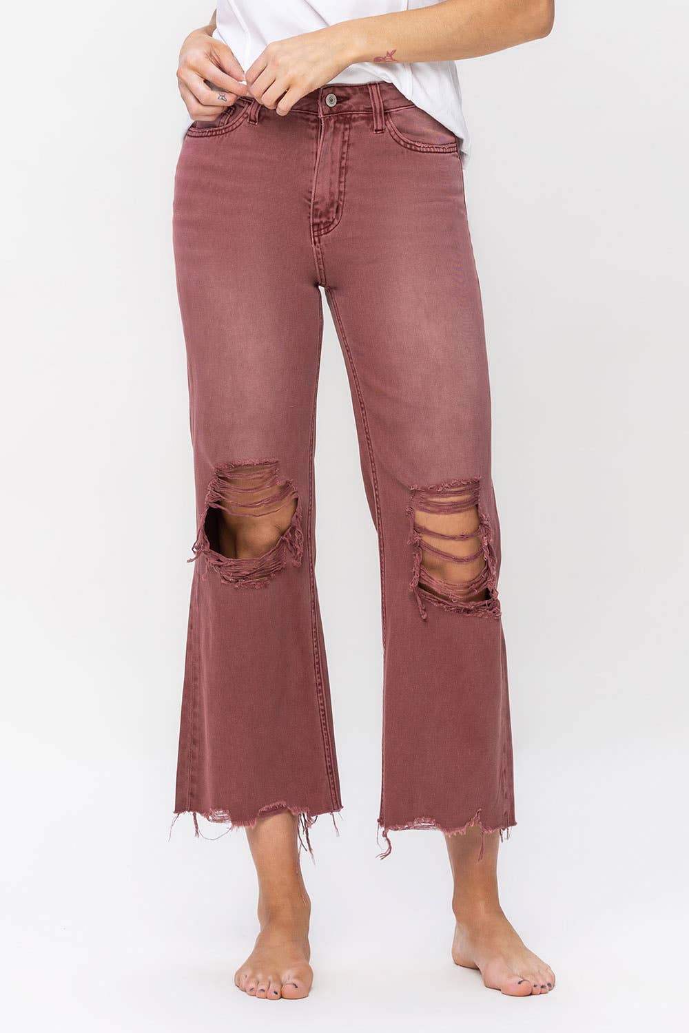 90'S VINTAGE SUPER HIGH RISE CROP FLARE JEANS V2736RU: RUSSET BROWN / 30