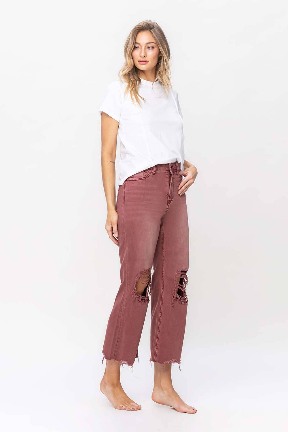 90'S VINTAGE SUPER HIGH RISE CROP FLARE JEANS V2736RU: RUSSET BROWN / 30