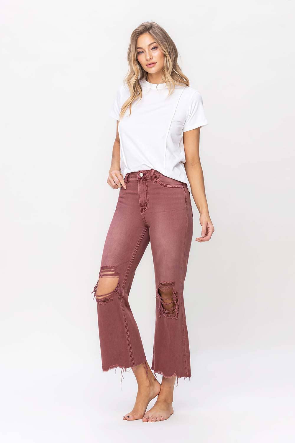 90'S VINTAGE SUPER HIGH RISE CROP FLARE JEANS V2736RU: RUSSET BROWN / 30