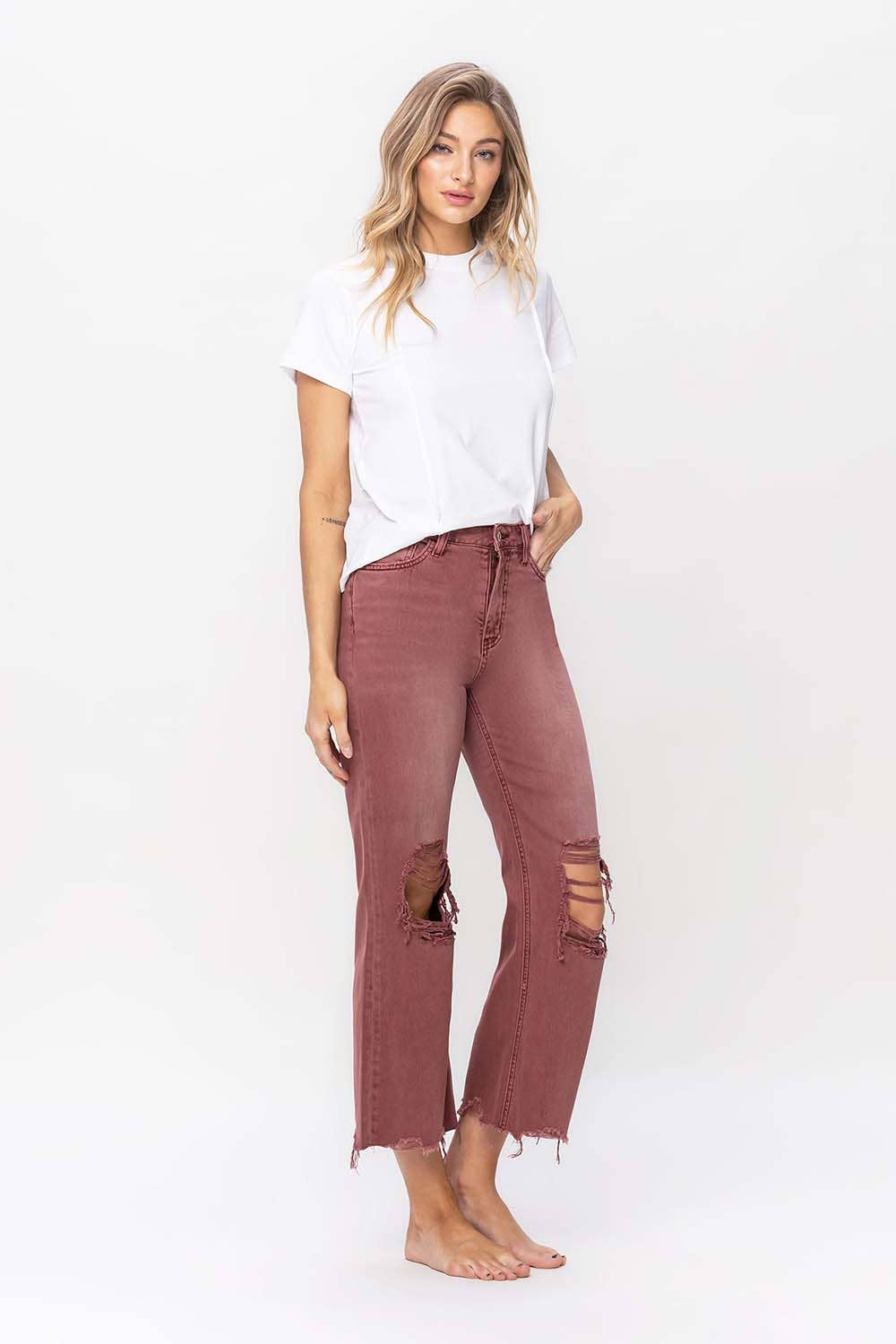 90'S VINTAGE SUPER HIGH RISE CROP FLARE JEANS V2736RU: RUSSET BROWN / 30