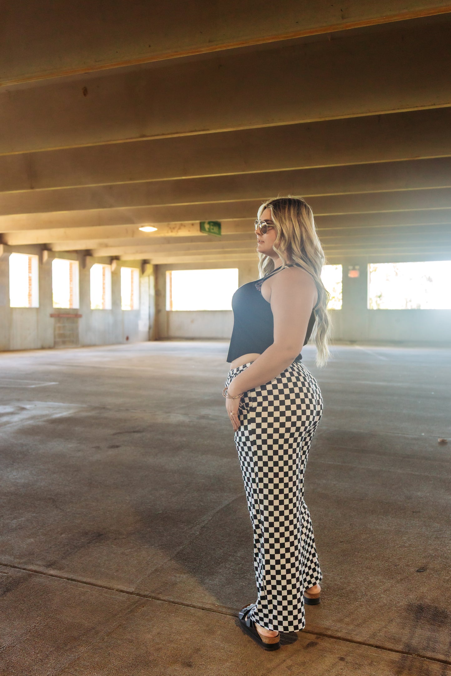 Pants that are black and white checkered. High rise. Stretchy and comfortable. 