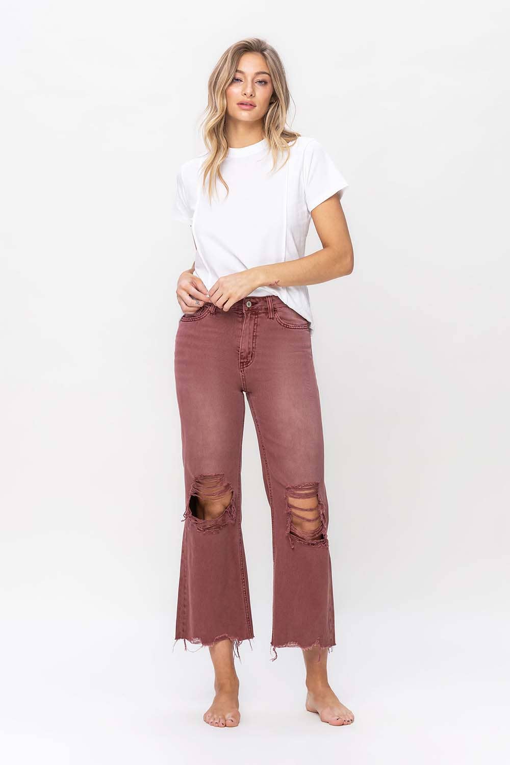 90'S VINTAGE SUPER HIGH RISE CROP FLARE JEANS V2736RU: RUSSET BROWN / 30
