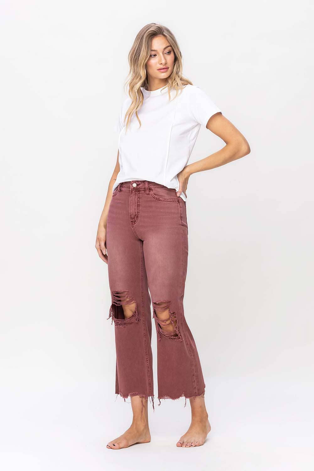 90'S VINTAGE SUPER HIGH RISE CROP FLARE JEANS V2736RU: RUSSET BROWN / 30