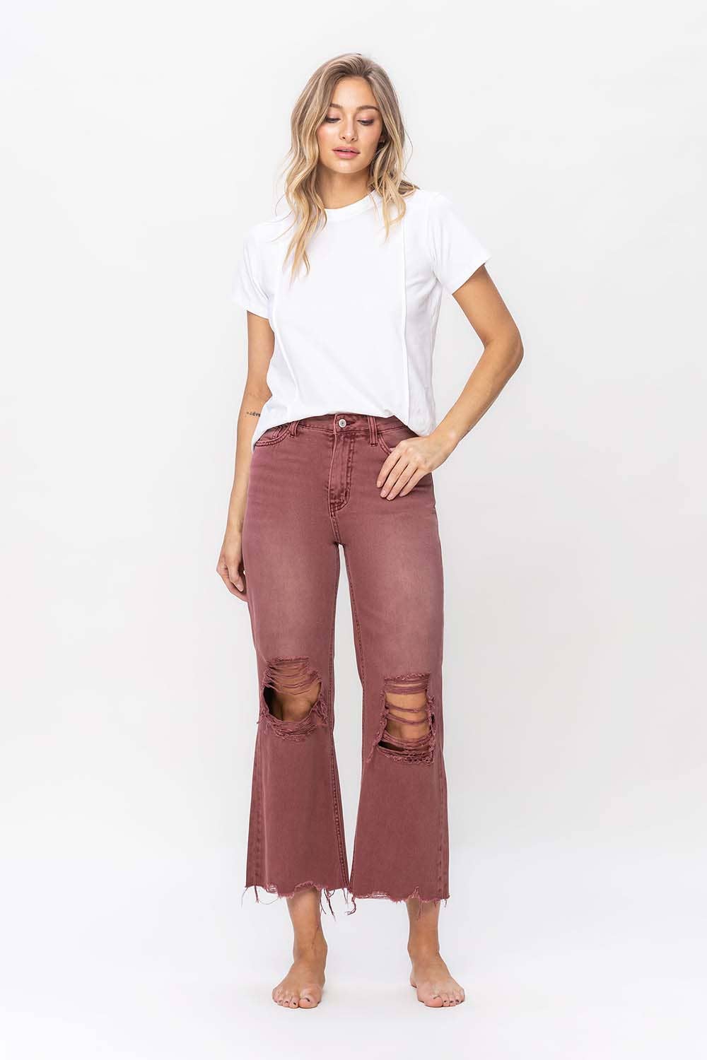 90'S VINTAGE SUPER HIGH RISE CROP FLARE JEANS V2736RU: RUSSET BROWN / 30