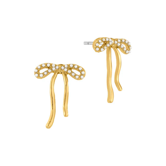 Fashion Jewelry-gold bow earrings with accents. These studs are elegant and trendy.
